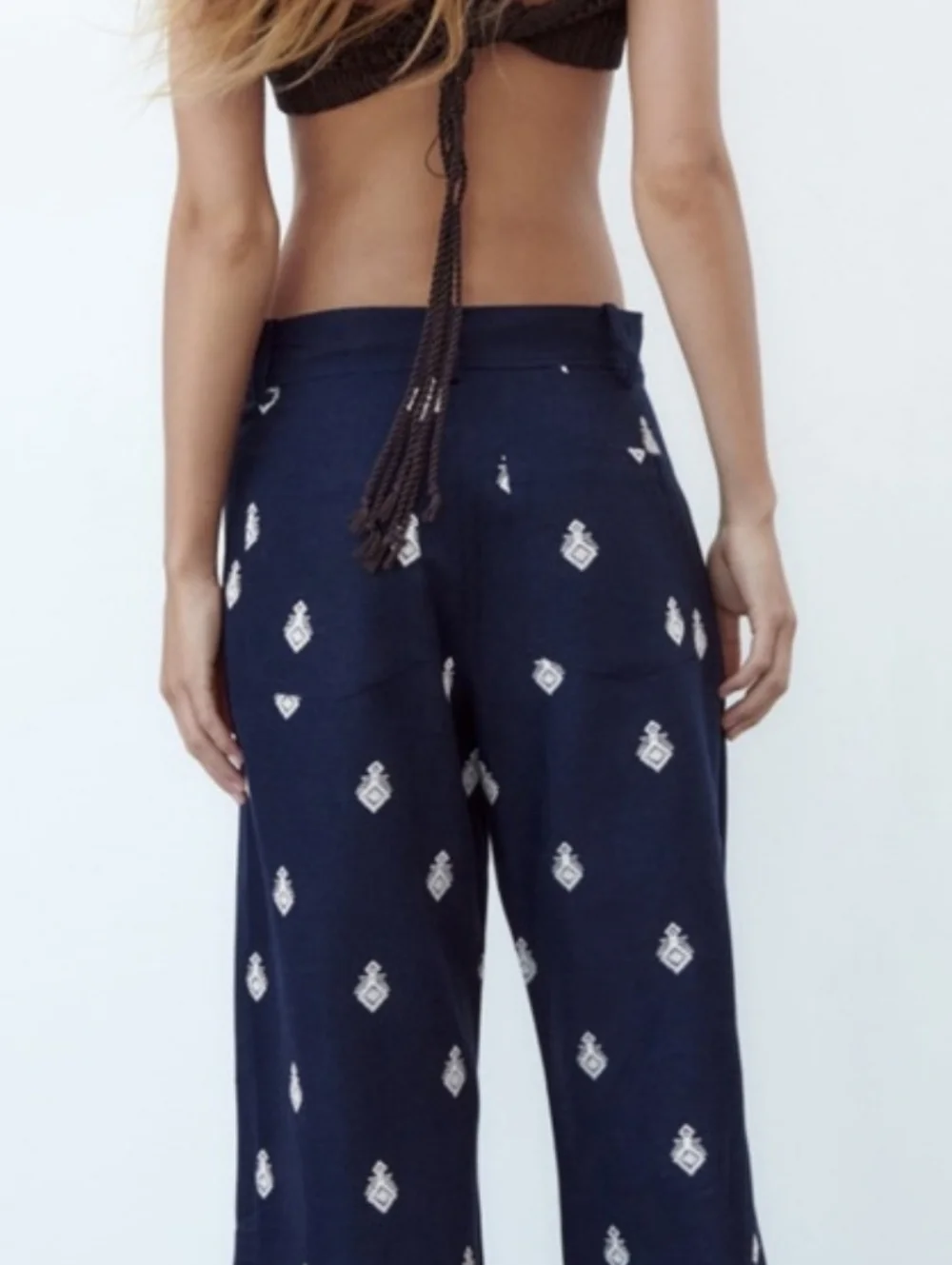 NWOT Zara Navy Blue Wide Leg Pants With Embroidery Size XS